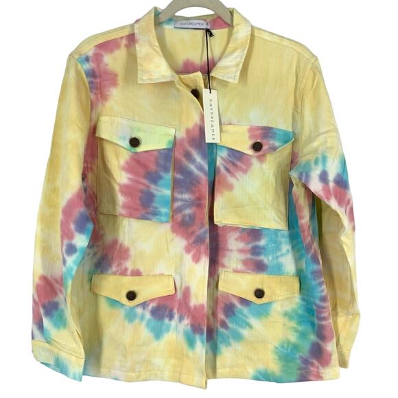 Daydreamer Tie Dye Swirl Jacket Yellow Pink Blue Women's Large 100% Cotton NWT - Picture 3 of 6